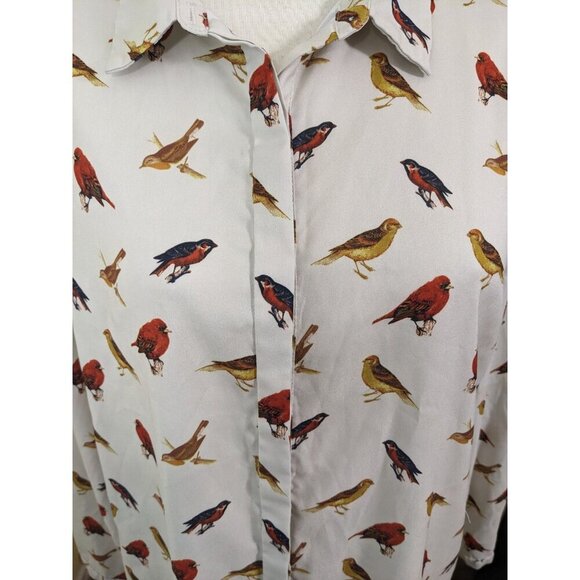 Forever 21 Womens Blouse Button Up Top Shirt Size L Cream All Over Bird Print - Picture 9 of 12